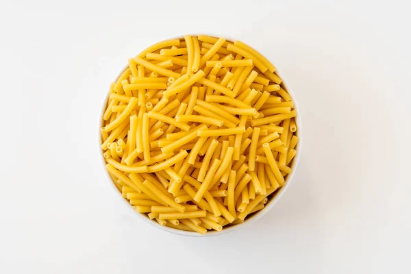 Raw Dry Uncooked Macaroni Pasta Spaghetti Noodle White Bowl Wooden — Stock Photo, Image