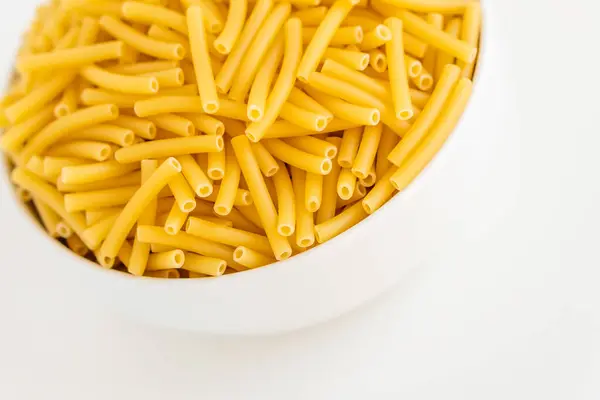 Raw Dry Uncooked Macaroni Pasta Spaghetti Noodle White Bowl Wooden — Stock Photo, Image