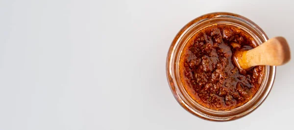 Fresco Casero Italiano Rosso Rojo Sundries Tomate Chile Pesto Salsa — Foto de Stock