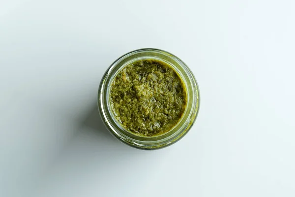 Tło Domowe Gotowanie Przepis Zielony Pesto Makaron Organiczny Zdrowy Sos — Zdjęcie stockowe