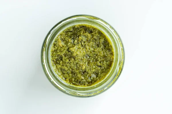 Hintergrund Hausgemachte Kochrezept Grüne Pesto Pasta Bio Gesunde Lebensmittel Sauce — Stockfoto