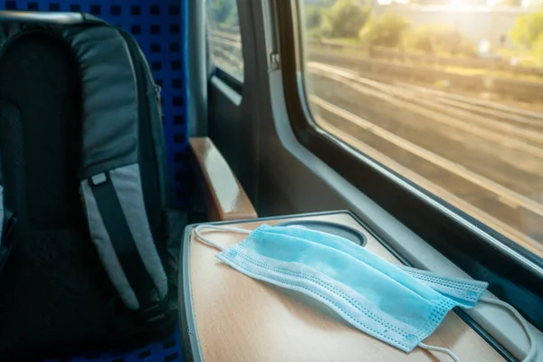 Empty inside train bus subway public transport with window view and blue seats people tourist new normal social distancing safe travel with hygiene face mask protect from covid corona virus