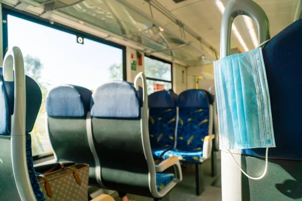 Empty inside train bus subway public transport with window view and blue seats people tourist new normal social distancing safe travel with hygiene face mask protect from covid corona virus