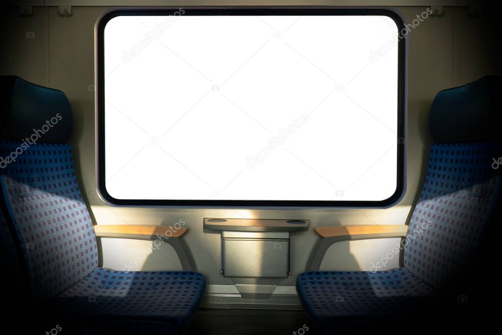 Isolated white window backgrounds on clean hygiene empty seat on europe Germany public transportation train subway bus with sunlight for traveler to travel during vacation with custom view