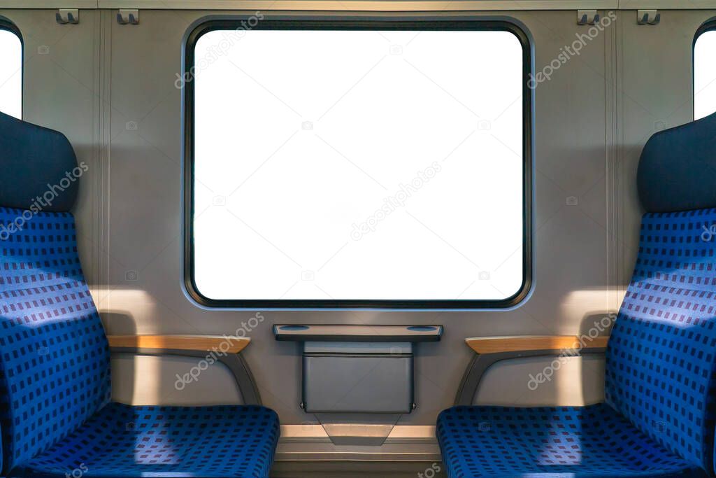Isolated white window backgrounds on clean hygiene empty seat on europe Germany public transportation train subway bus with sunlight for traveler to travel during vacation with custom view