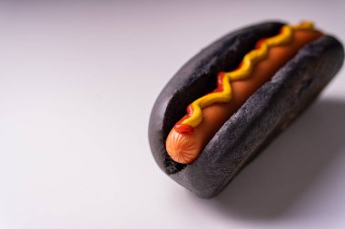 Geleneksel Amerikan fast-food Hotdog taze organik ekmekli çörek beyaz buğday ve siyah kömür sosisli ketçaplı hardal yanında kızarmış soğan turşusu ve patates kızartması ve lahana salatası.