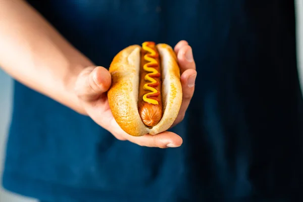 Amerykański Tradycyjny Fast Food Hotdog Świeżą Organiczną Bułką Chlebową Białą — Zdjęcie stockowe