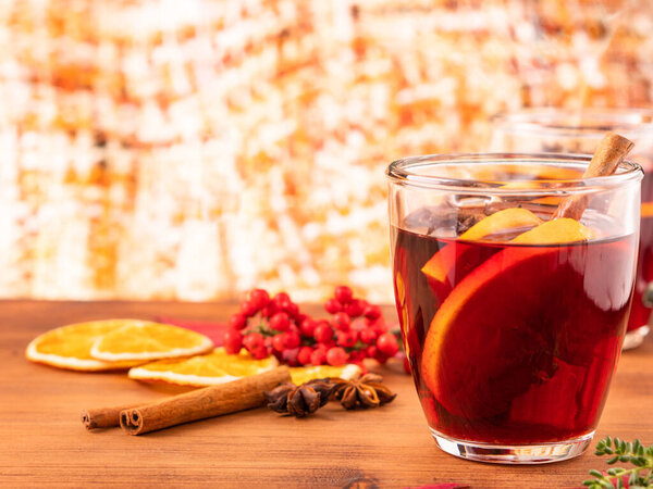 German tradition winter Christmas market new year holidays festival drink Gluhwein Mulled sweet hot warm red Wine with spices citrus aromatic cinnamon star anise 