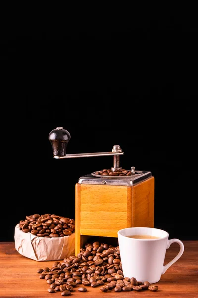 Fresh cafe for morning breakfast refresh caffeine white cup roasted organic coffee bean farm in vintage wood grinder classic metal coffee pot for black espresso and cream milk cappuccino latte