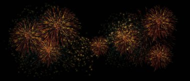 Gerçekçi 3D illüstrasyon renkli altın rengi havai fişek gece havai fişeği kara gökyüzü dumanı izole edilmiş siyah arkaplan duvar kağıdı kullanımı yeni yıl geri sayım festivali festival yıldönümü partisini kutluyor