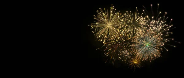 Gerçekçi 3D illüstrasyon renkli altın rengi havai fişek gece havai fişeği kara gökyüzü dumanı izole edilmiş siyah arkaplan duvar kağıdı kullanımı yeni yıl geri sayım festivali festival yıldönümü partisini kutluyor