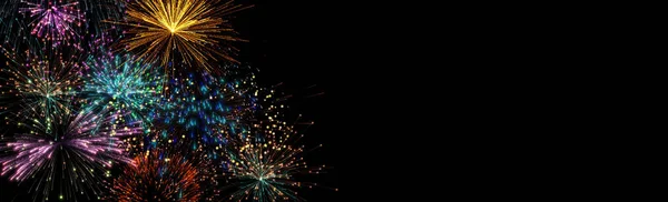 Gerçekçi 3D illüstrasyon renkli gökkuşağı havai fişek gece havai fişeği kara gökyüzü dumanı izole edilmiş siyah arkaplan duvar kağıdı üzerinde Yeni yıl geri sayım festivali festival yıldönümü partisini kutluyor