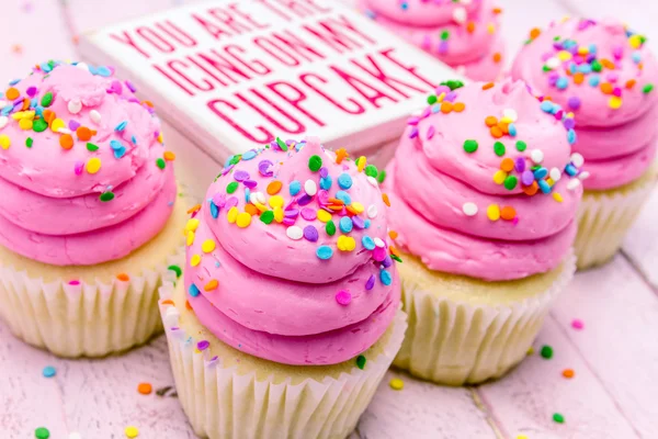 Birthday Cupcakes with Pink Frosting — Stock Photo, Image