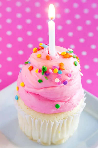 Vanilla Cupcakes with Pink Frosting and Candles — Stock Photo, Image