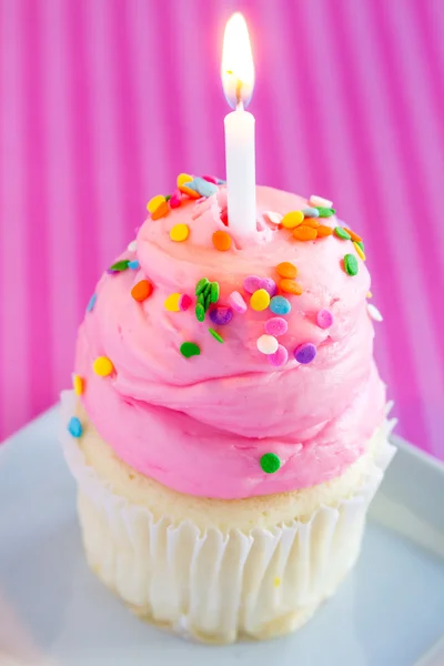 Vanilla Cupcakes with Pink Frosting and Candles — Stock Photo, Image