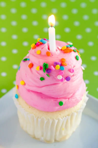 Vanilla Cupcakes with Pink Frosting and Candles — Stock Photo, Image