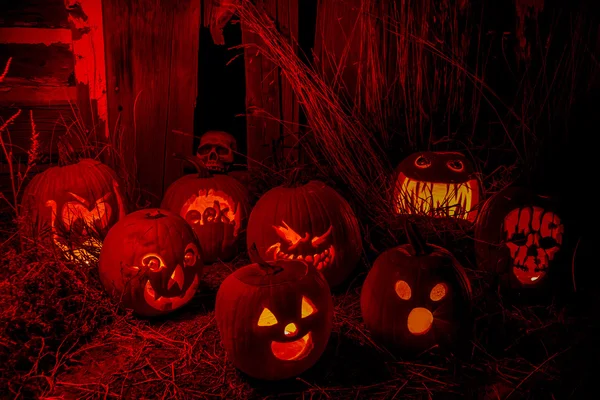 Angezündete Halloween-Kürbisse mit Kerzen — Stockfoto
