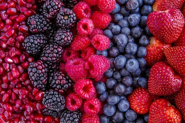Válogatott friss bogyós gyümölcsök és a gránátalma mag — Stock Fotó