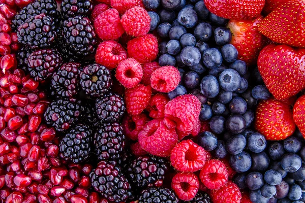 Sortierte frische Beeren und Granatapfelkerne — Stockfoto