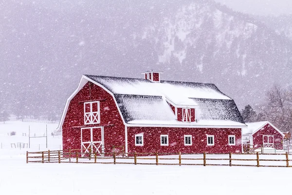 Rode schuur in de sneeuw — Stockfoto