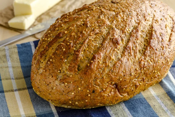 Granos enteros recién horneados y pan sin semillas — Foto de Stock