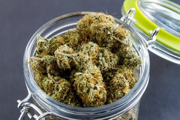 Medizinische Marihuana-Knospen auf schwarzem Hintergrund — Stockfoto