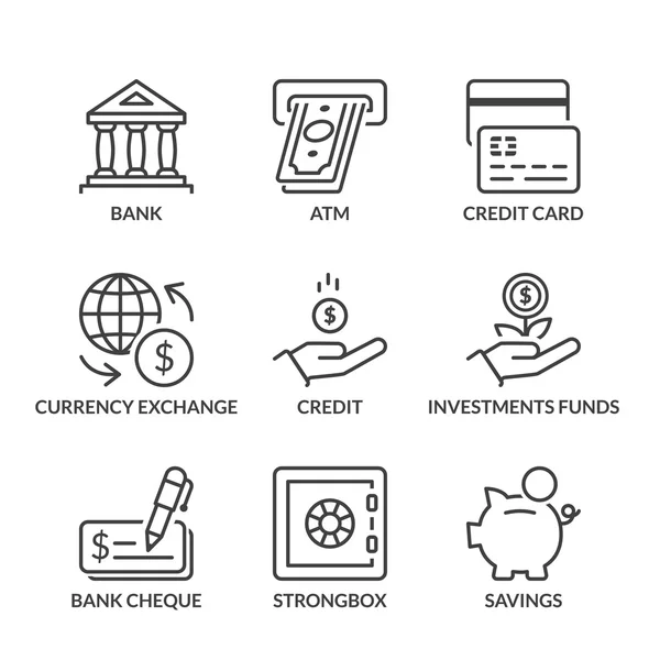 Ícones básicos de linha bancária com texto — Vetor de Stock