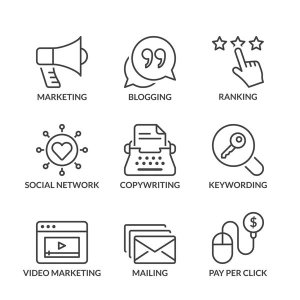 Iconos básicos de línea de marketing con texto — Vector de stock