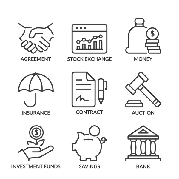Iconos de línea financiera básica con texto — Archivo Imágenes Vectoriales