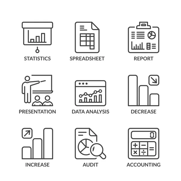 Iconos de línea de estadísticas básicas con texto — Vector de stock