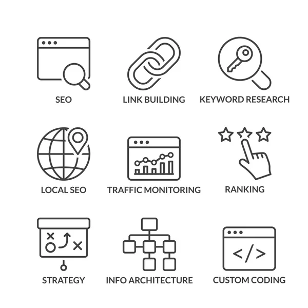 Базові піктограми рядків сео з текстом — стоковий вектор