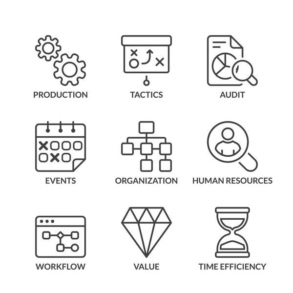 Basic business management line icons with text — Stock Vector