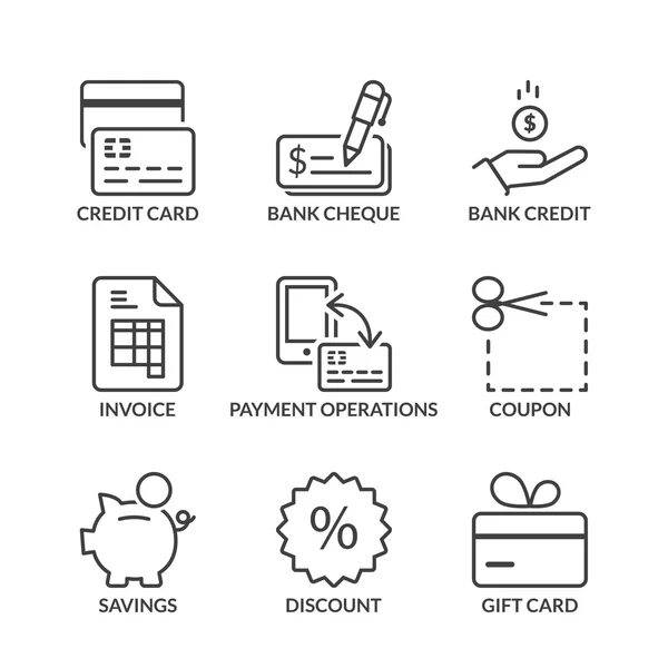Métodos básicos de pagamento ícones de linha com texto — Vetor de Stock