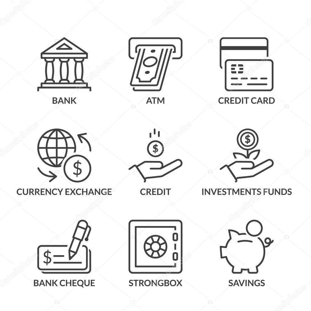 basic banking line icons with text