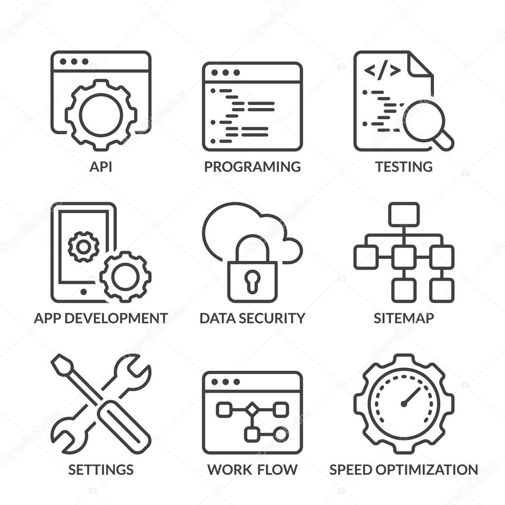 basic web development line icons with text