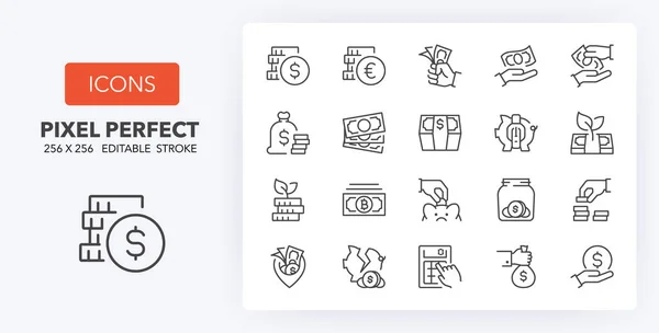 Geld Munten Financiën Dunne Lijn Pictogram Set Outline Symbool Collectie — Stockvector