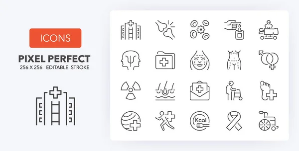 病院と医療の細い線のアイコンセット 概要シンボルコレクション 編集可能なベクトルストローク 256X256ピクセル128Px 64Pxまでの完璧な拡張性 — ストックベクタ