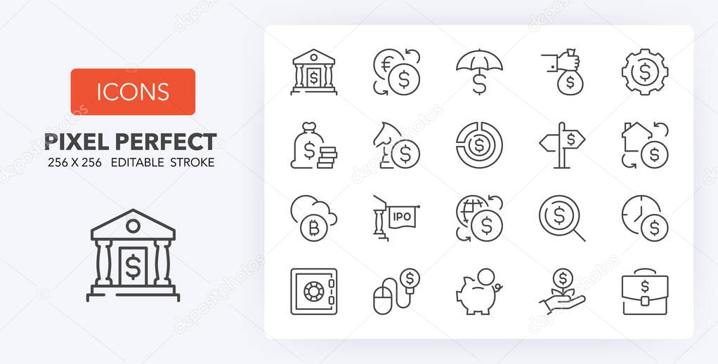 Money and financial thin line icon set. Outline symbol collection. Editable vector stroke. 256x256 Pixel Perfect scalable to 128px, 64px...