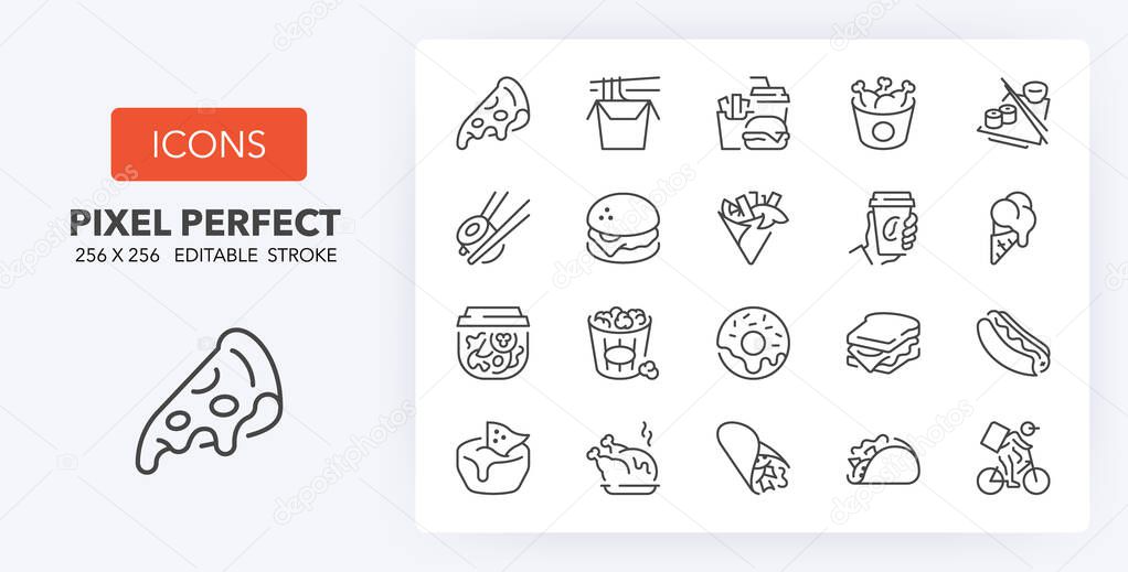 Fast food and take away thin line icon set. Outline symbol collection. Editable vector stroke. 256x256 Pixel Perfect scalable to 128px, 64px...