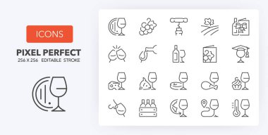 Wine and wine pairing thin line icon set. Outline symbol collection. Editable vector stroke. 256x256 Pixel Perfect scalable to 128px, 64px... clipart