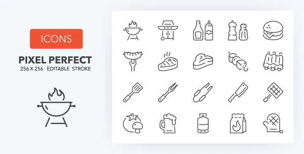 Grill Und Grill Thin Line Icon Set Umrissene Symbolsammlung Editierbarer — Stockvektor