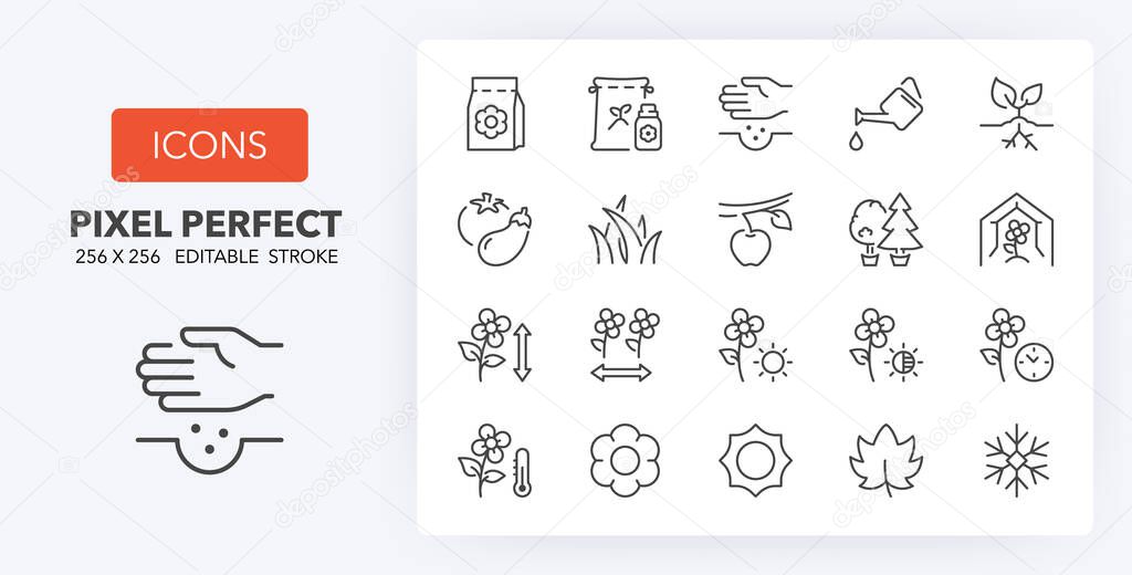 Gardening and seeding activities, thin line icon set. Outline symbol collection. Editable vector stroke. 256x256 Pixel Perfect scalable to 128px, 64px...