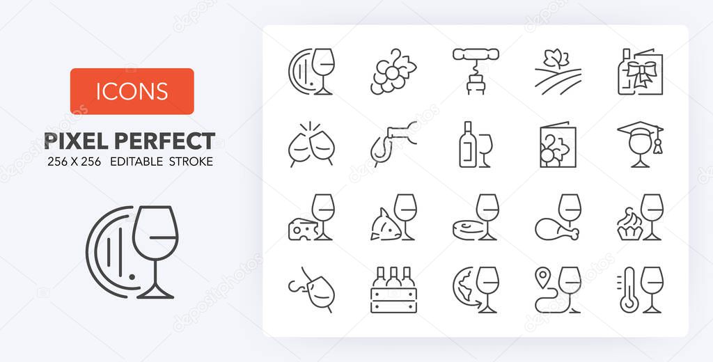 Wine and wine pairing thin line icon set. Outline symbol collection. Editable vector stroke. 256x256 Pixel Perfect scalable to 128px, 64px...