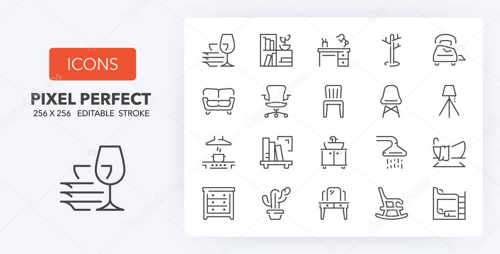 Furniture, drapery and home textiles. Thin line icon set. Outline symbol collection. Editable vector stroke. 256x256 Pixel Perfect scalable to 128px, 64px...