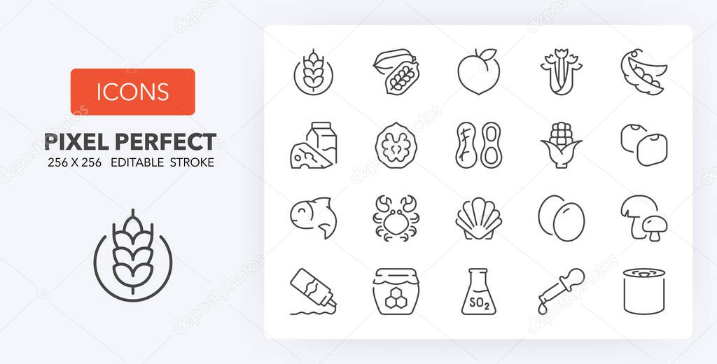 Food allergens, including the 14 allergies outlined by the EU European Food Safety Authority which encompass the big 8 FDA Major Allergens. Thin line icon set. Outline symbol collection. Editable vector stroke. 256x256 Pixel Perfect scalable to 128px