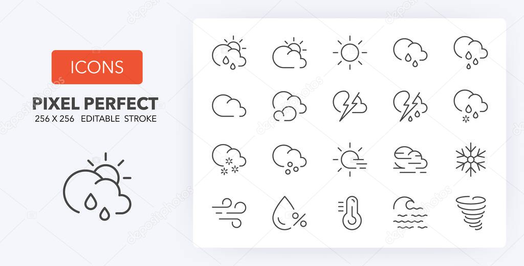 Weather. Thin line icon set. Outline symbol collection. Editable vector stroke. 256x256 Pixel Perfect scalable to 128px, 64px...