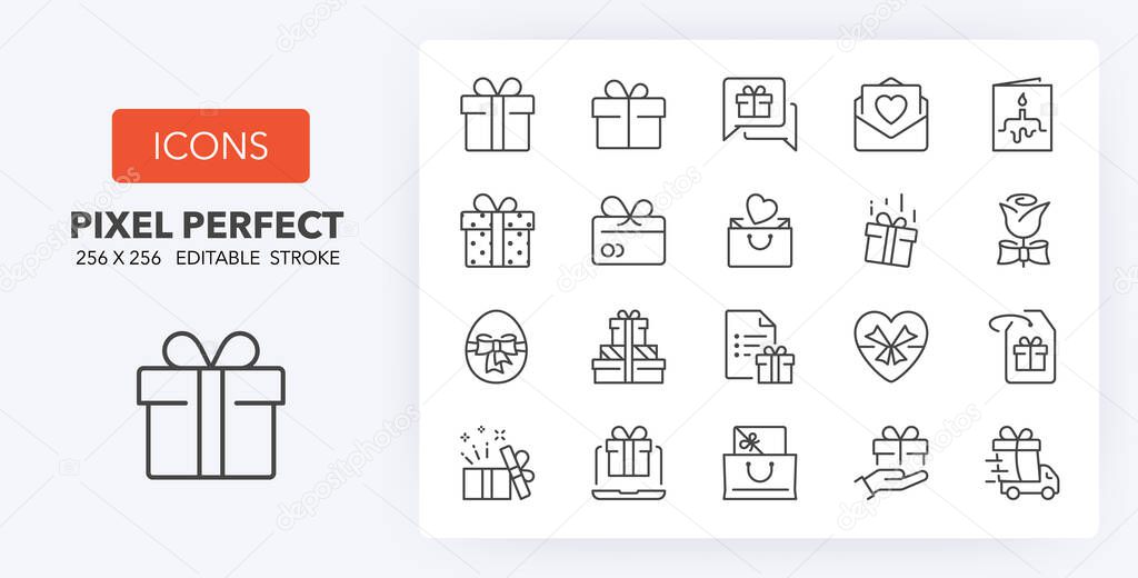 Gifts and presents. Thin line icon set. Outline symbol collection. Editable vector stroke. 256x256 Pixel Perfect scalable to 128px, 64px...