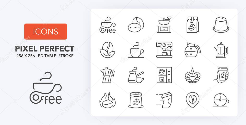 Coffee. Thin line icon set. Outline symbol collection. Editable vector stroke. 256x256 Pixel Perfect scalable to 128px, 64px...