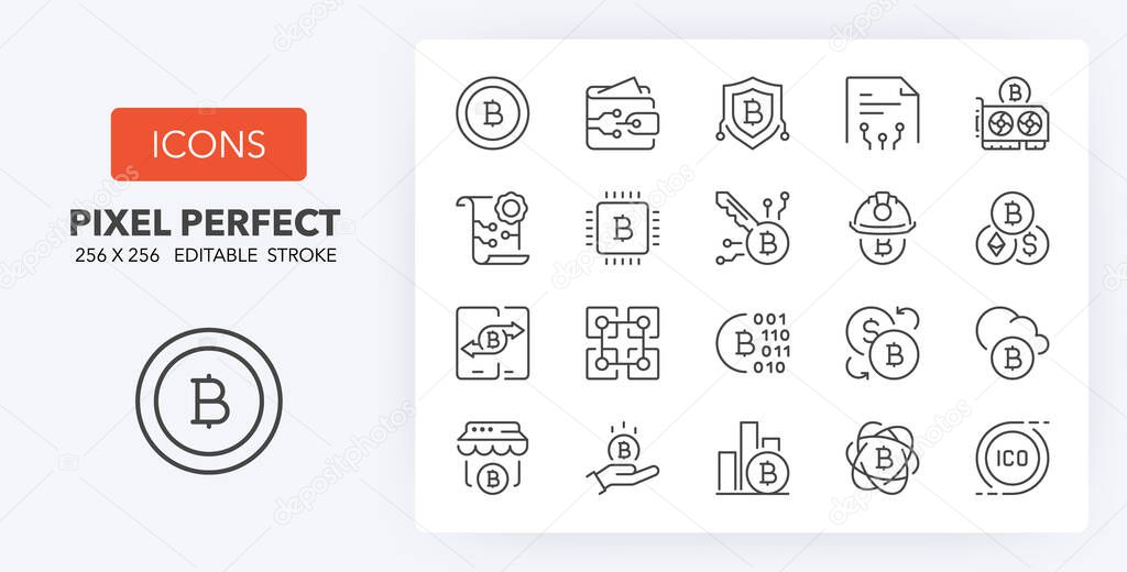Crypto currency. Thin line icon set. Outline symbol collection. Editable vector stroke. 256x256 Pixel Perfect scalable to 128px, 64px...