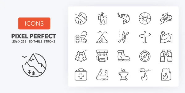 Buiten Kampeeractiviteiten Dunne Lijn Pictogram Ingesteld Outline Symbool Collectie Bewerkbare — Stockvector